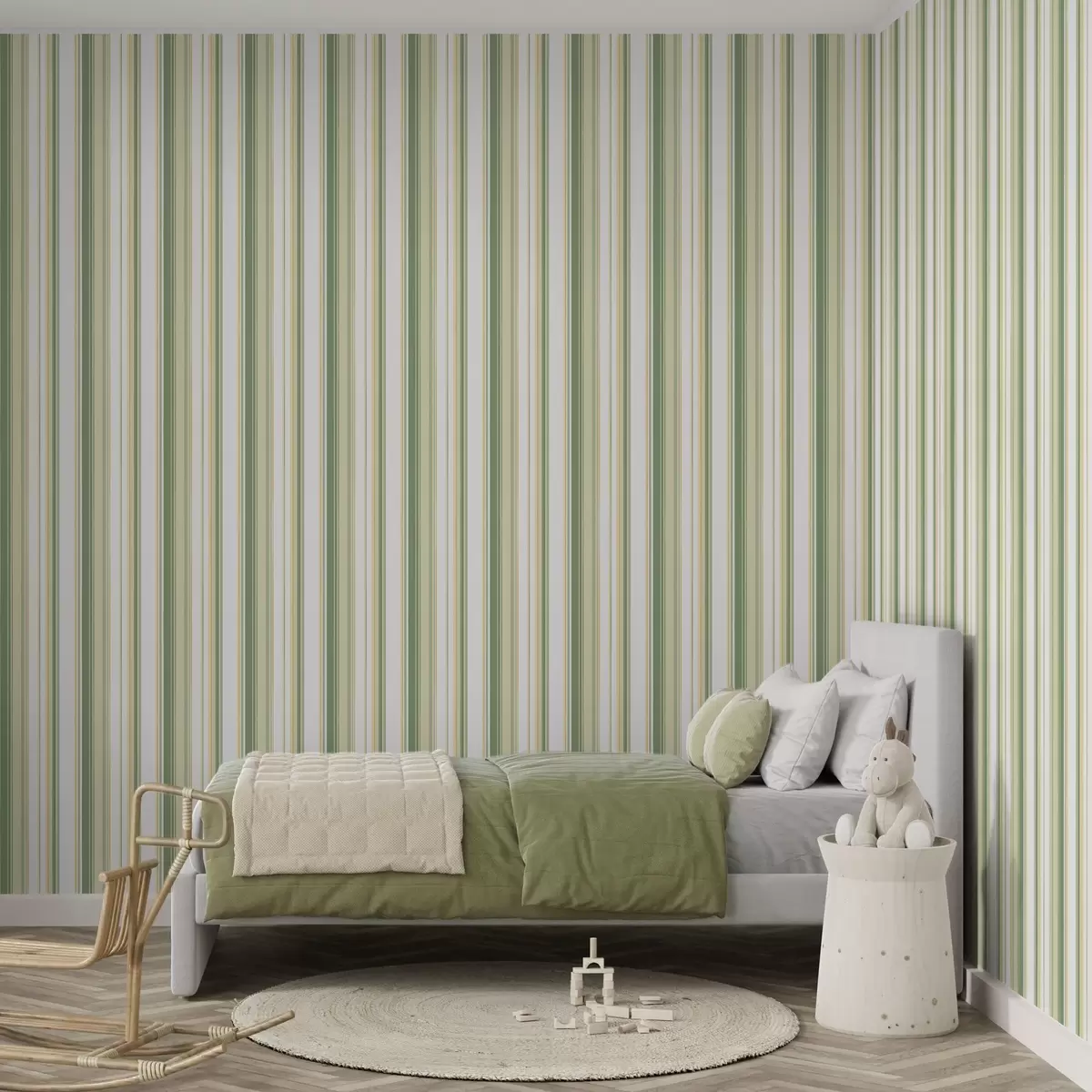 Шпалери Зелені та бежеві смужки з жовтими акцентними лініями a00531