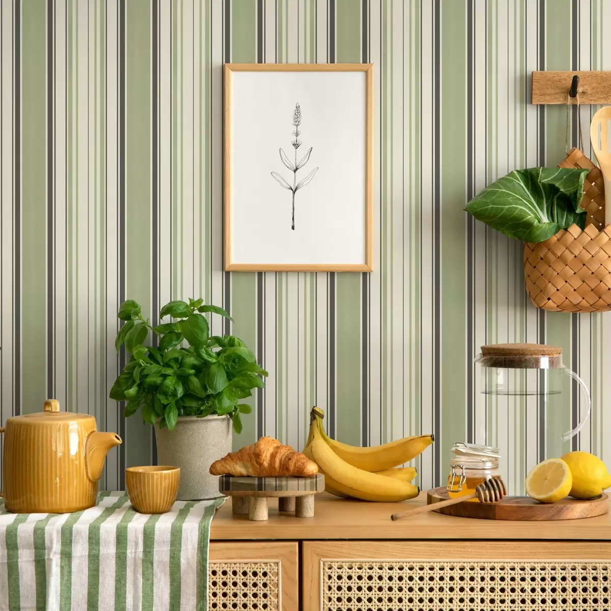 Шпалери Кремове тло з поєднанням зелених і чорних смуг a00563