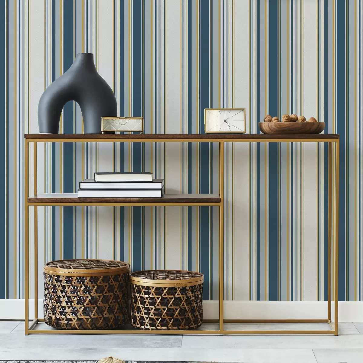 Шпалери Контрастні сині та жовті смуги на білому тлі a00566