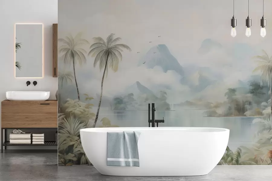 Шпалери Річка в джунглях біля гір w04536