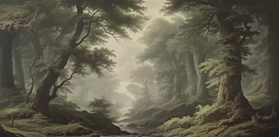 Шпалери Туманний ліс з річкою і високими старовинними деревами w04555