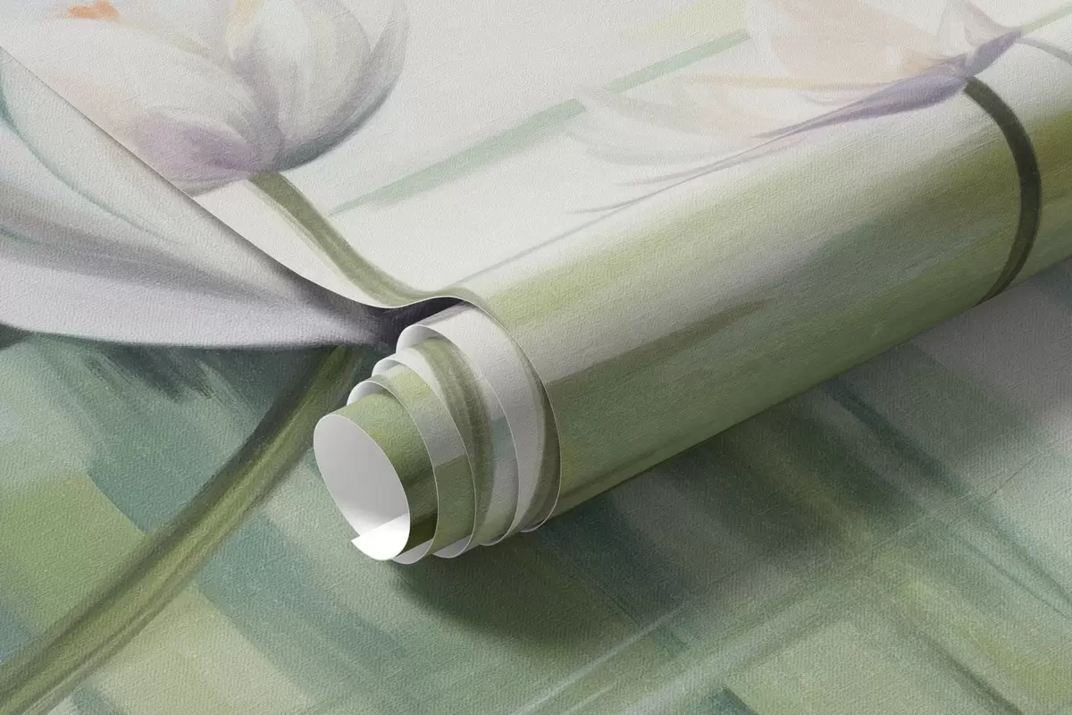 Шпалери Пейзаж з озером, водяними ліліями та лілієвими листками, деревами на задньому плані, в спокійному оточенні, світло-блакитні та зелені тони w09395