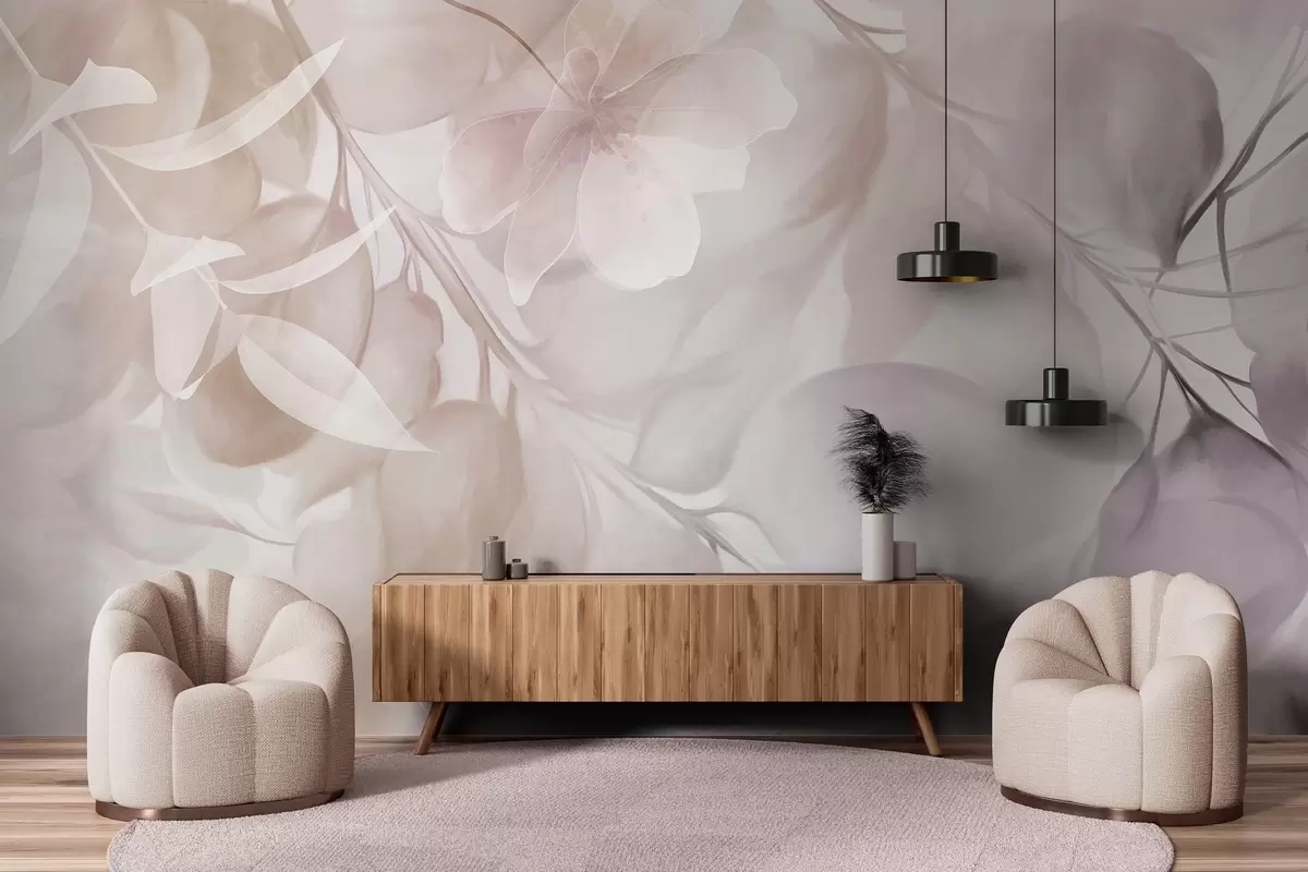 Шпалери Квіткове мистецтво з приглушеними бежевими та коричневими квітами, листям і гілками, м'якими пастельними кольорами, ефектом акварельної текстури w09397