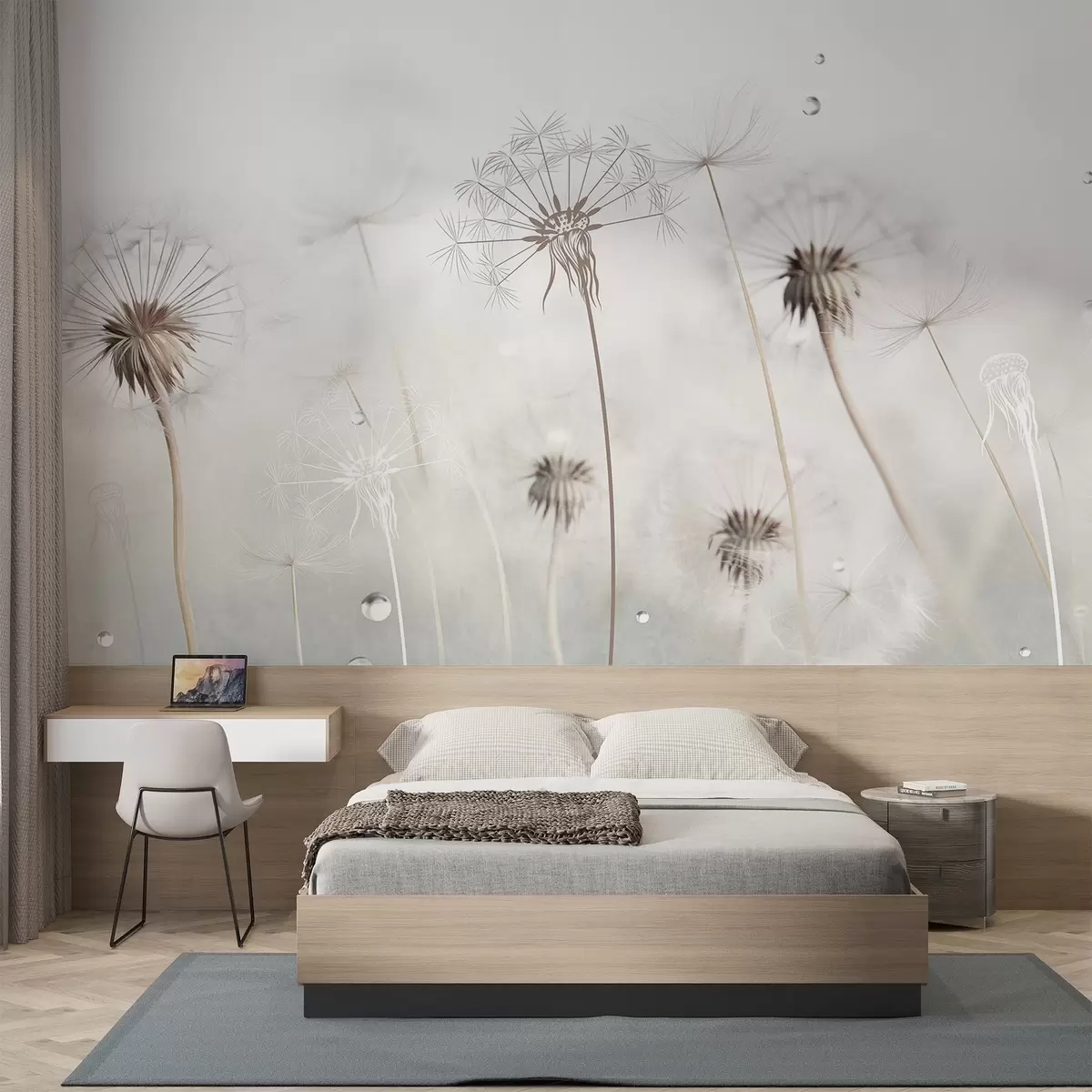 Шпалери Кульбаби з краплями води, білий фон, крупний план, м'яке світло, природа, ботаніка, ефірність, витонченість, мінімалізм w09399