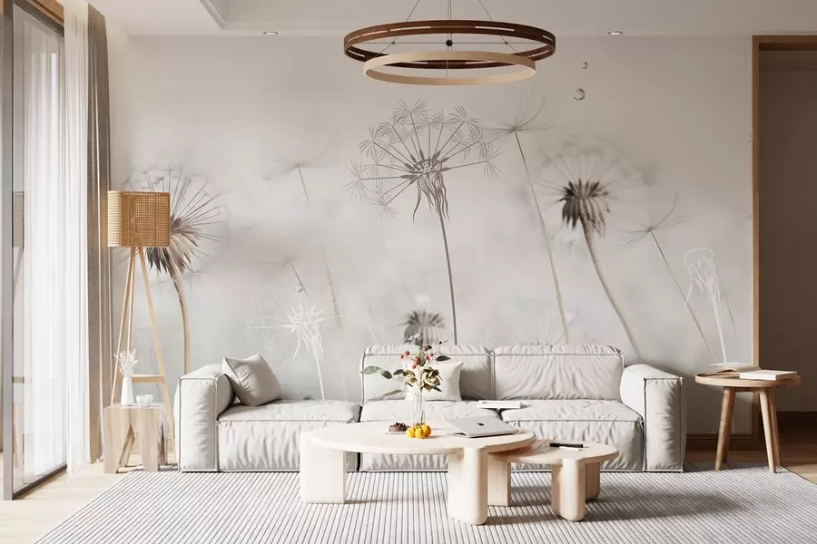 Шпалери Кульбаби з краплями води, білий фон, крупний план, м'яке світло, природа, ботаніка, ефірність, витонченість, мінімалізм w09399