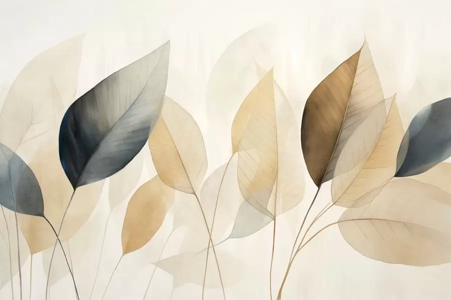 Шпалери Текстуроване малювання імітації листя в відтінках коричневого, жовтого та сірого кольорів, з ніжними прожилками та стеблами w09400