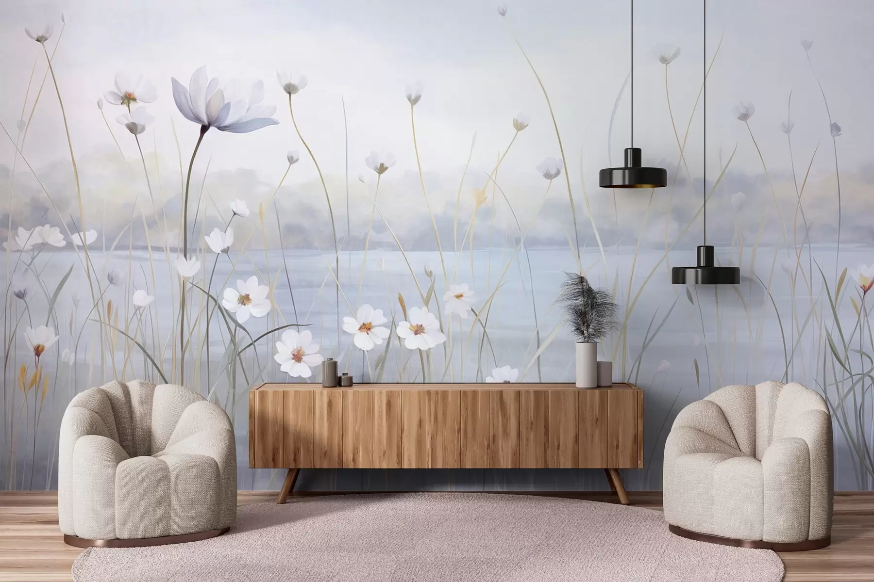 Шпалери Білі квіти з довгими стеблами на полі, світло-блакитне небо, м'які кольори, фактурний, мінімалістичний стиль, натхненний природою, спокійний фон w09401