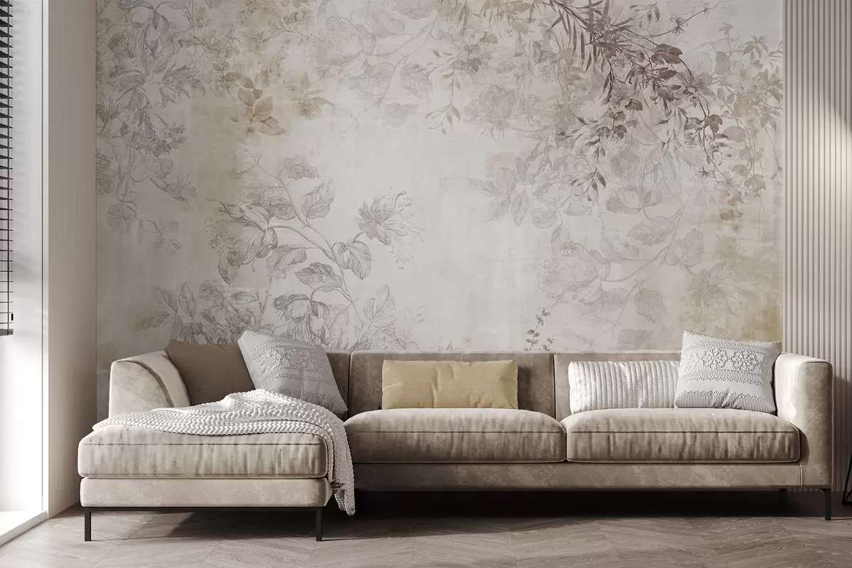 Шпалери Вінтажне текстуроване квіткове мистецтво з ілюстраціями ніжних садових квітів і листя в стилі малюнка, м'які пастельні бежеві та сепійні тони w09402