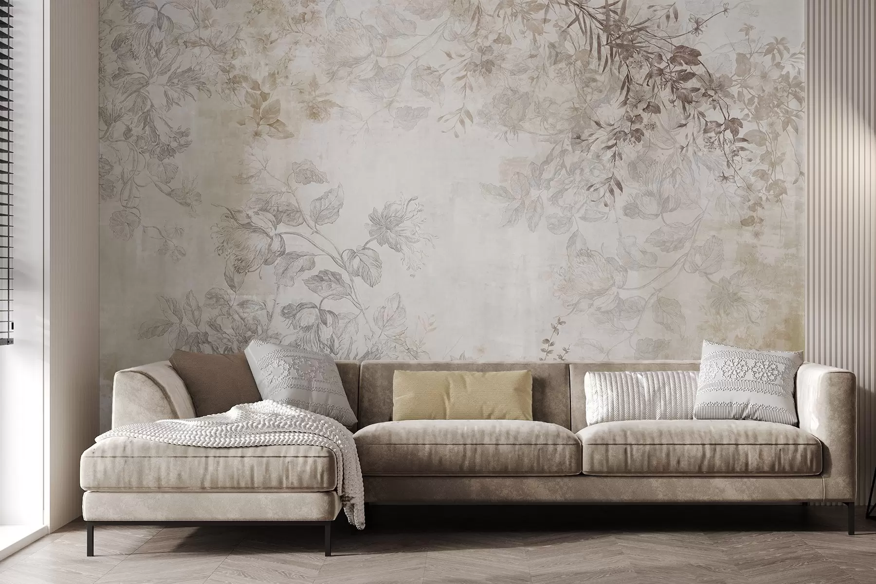 Шпалери Вінтажне текстуроване квіткове мистецтво з ілюстраціями ніжних садових квітів і листя в стилі малюнка, м'які пастельні бежеві та сепійні тони w09402