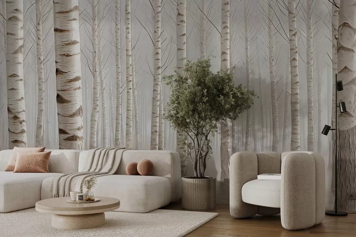 Шпалери Березовий ліс у тумані, світлий мінімалізм w04574