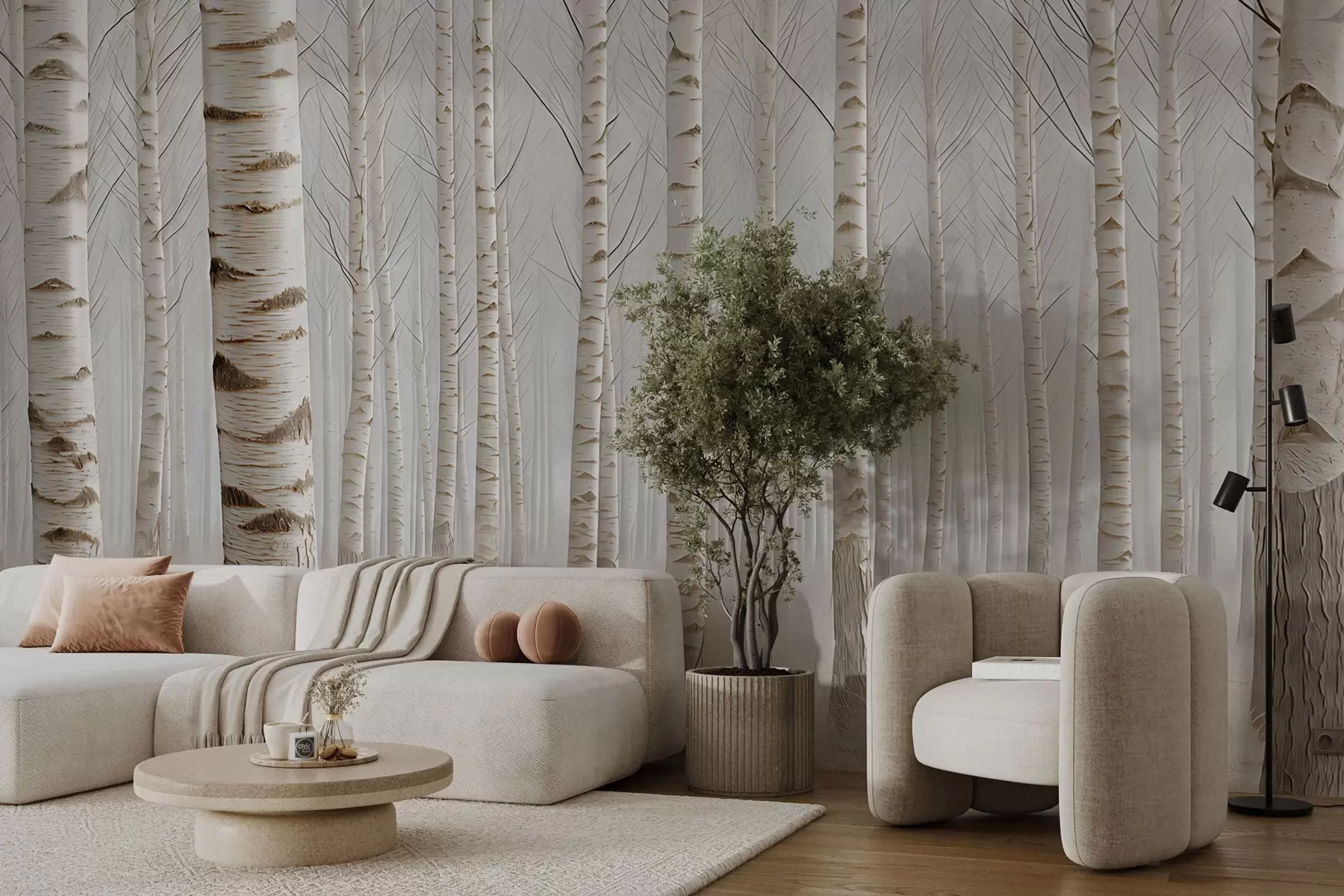 Шпалери Березовий ліс у тумані, світлий мінімалізм w04574