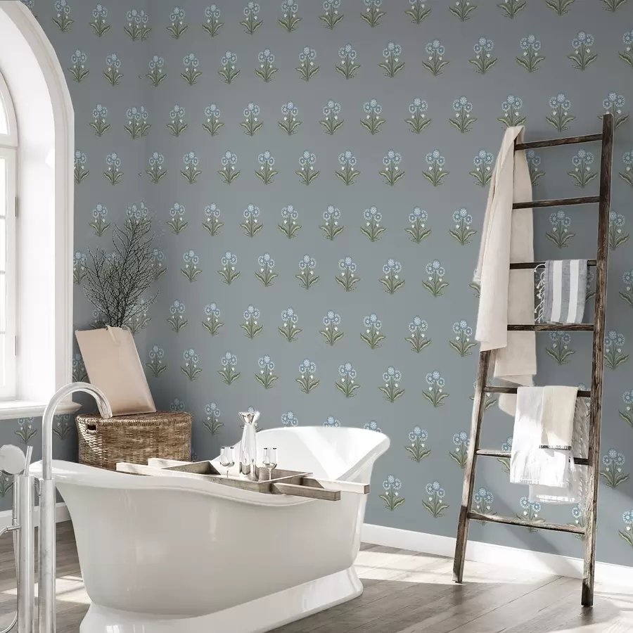 Шпалери Стилізовані квіти на сіро-блакитному тлі, холодна палітра a00494v1