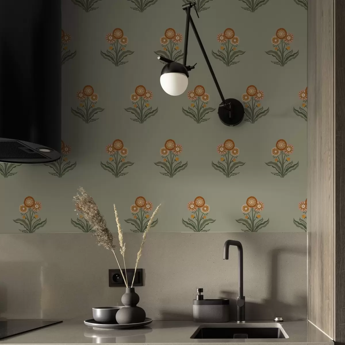 Шпалери Стилізовані квіти на оливковому тлі, теплі тони a00494v2