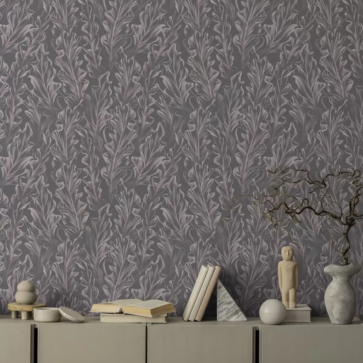 Шпалери Хвилі з листям на графітовому тлі, високий контраст a00495v1