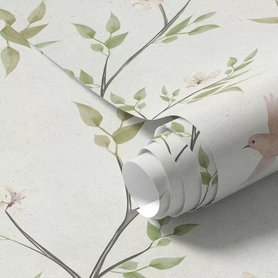 Шпалери Акварельні гілки з листям і птахами на світлому тлі a00496