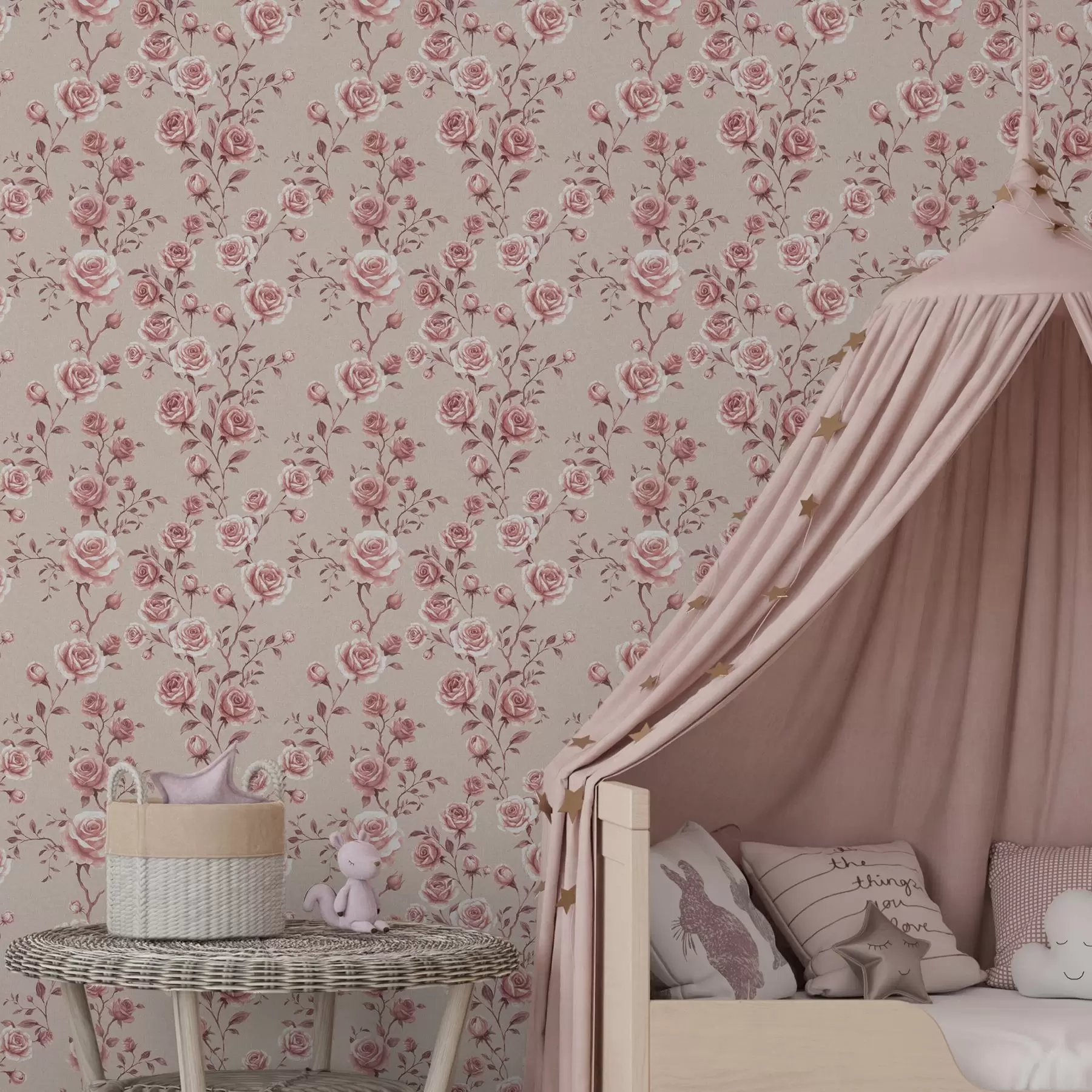 Шпалери Пудрові троянди на бежевому тлі — вінтажний візерунок a00497