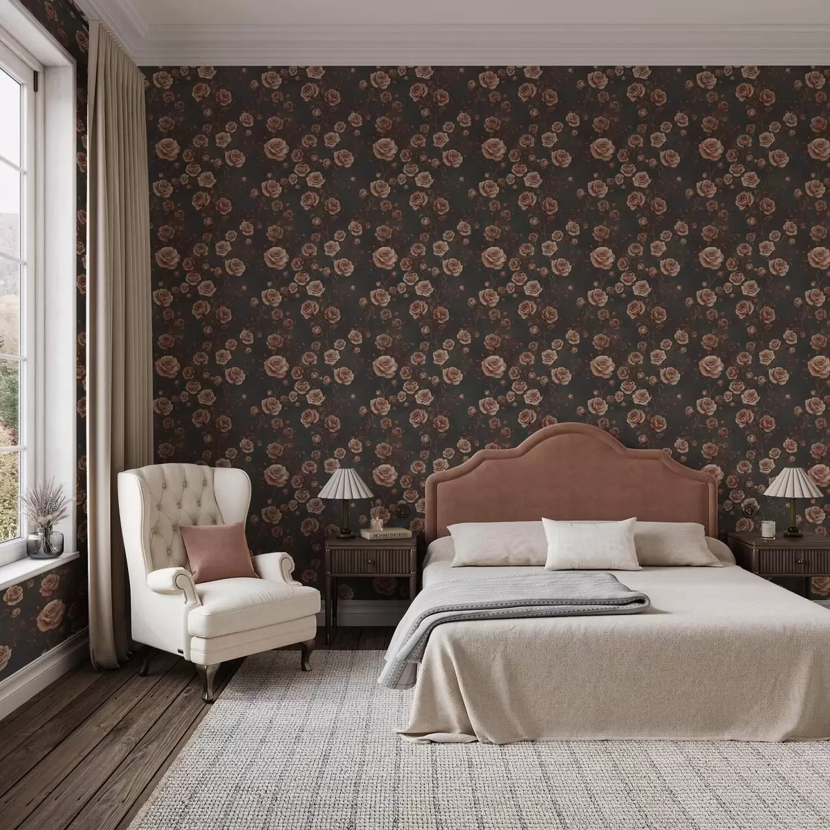 Шпалери Вінтажні троянди на графітовому тлі, теракотова палітра a00497v1