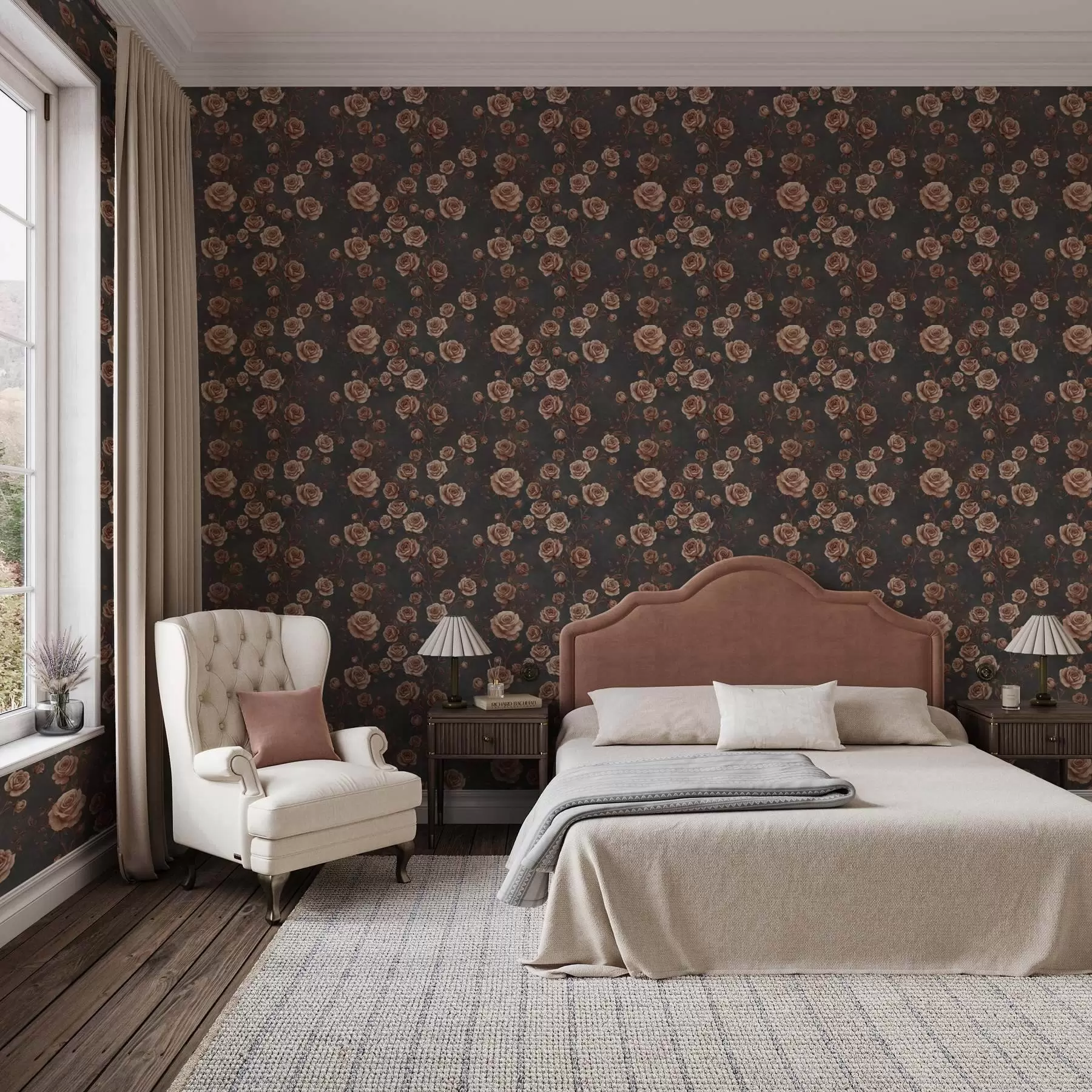 Шпалери Вінтажні троянди на графітовому тлі, теракотова палітра a00497v1