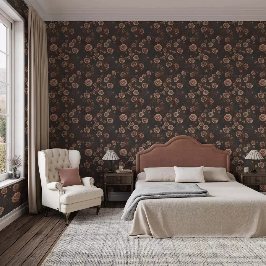 Шпалери Вінтажні троянди на графітовому тлі, теракотова палітра a00497v1