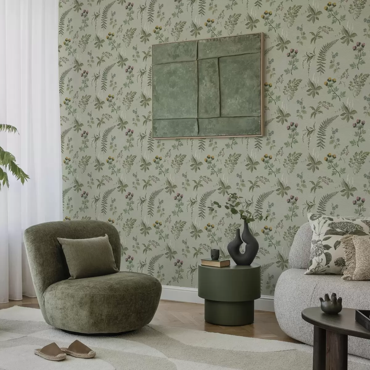 Шпалери Ботанічні трави та папороті на блідо-сіро-зеленому тлі a00498
