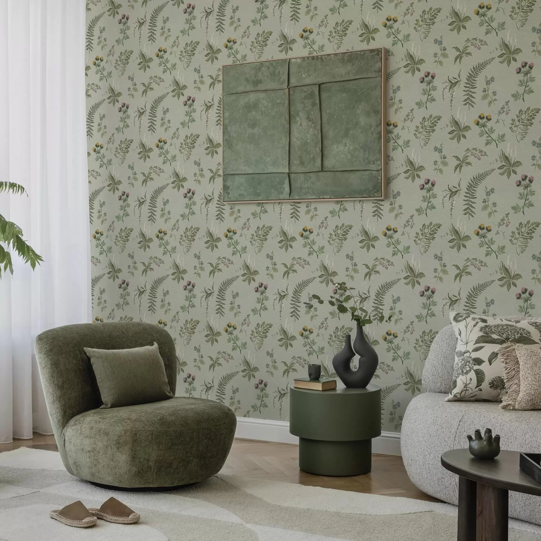 Шпалери Ботанічні трави та папороті на блідо-сіро-зеленому тлі a00498