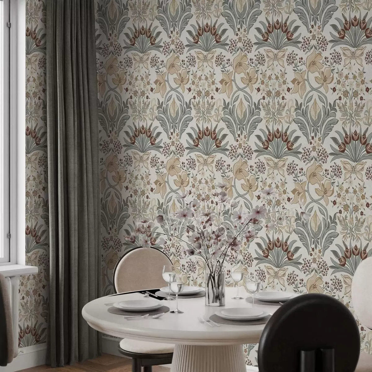 Шпалери Декоративні лілії та метелик на кремовому тлі a00500