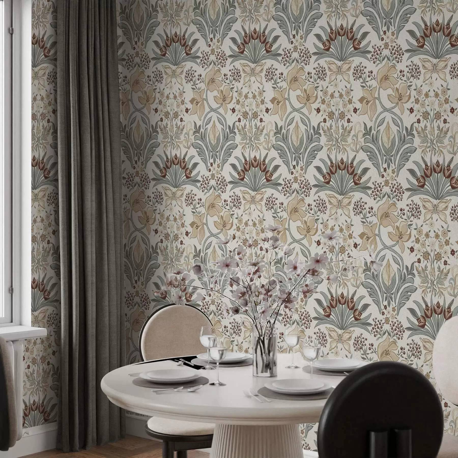 Шпалери Декоративні лілії та метелик на кремовому тлі a00500