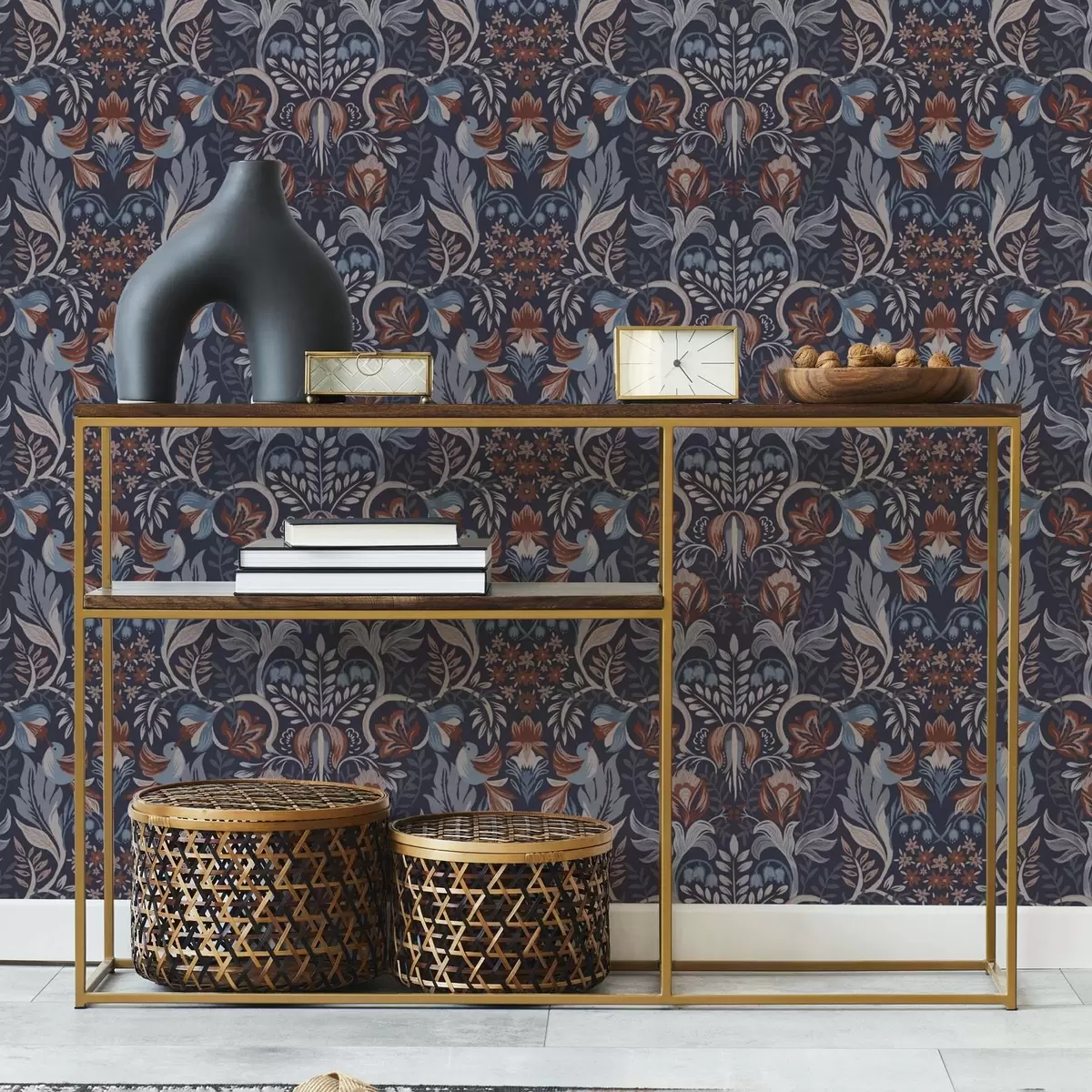 Шпалери Народні квіти та птахи на темно-синьому тлі a00502