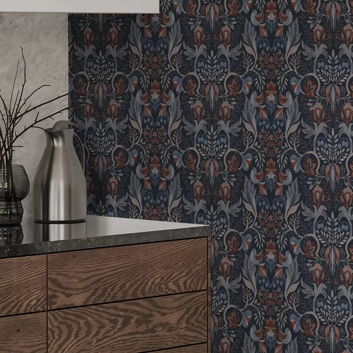 Шпалери Народний орнамент з птахами, глибокий індиго a00502v1