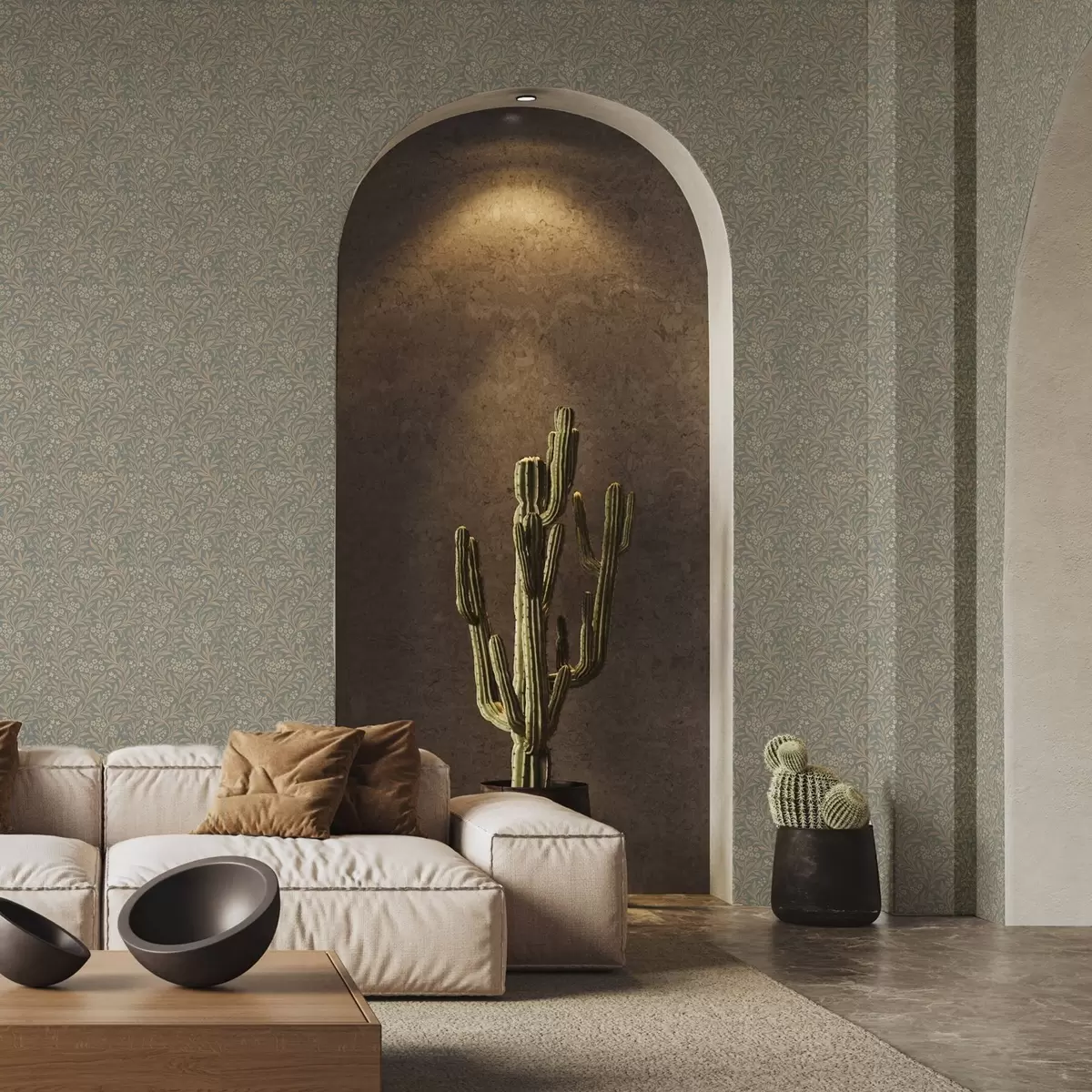 Шпалери Стиль Морріса: бежеві гілки на сіро-зеленому тлі a00569