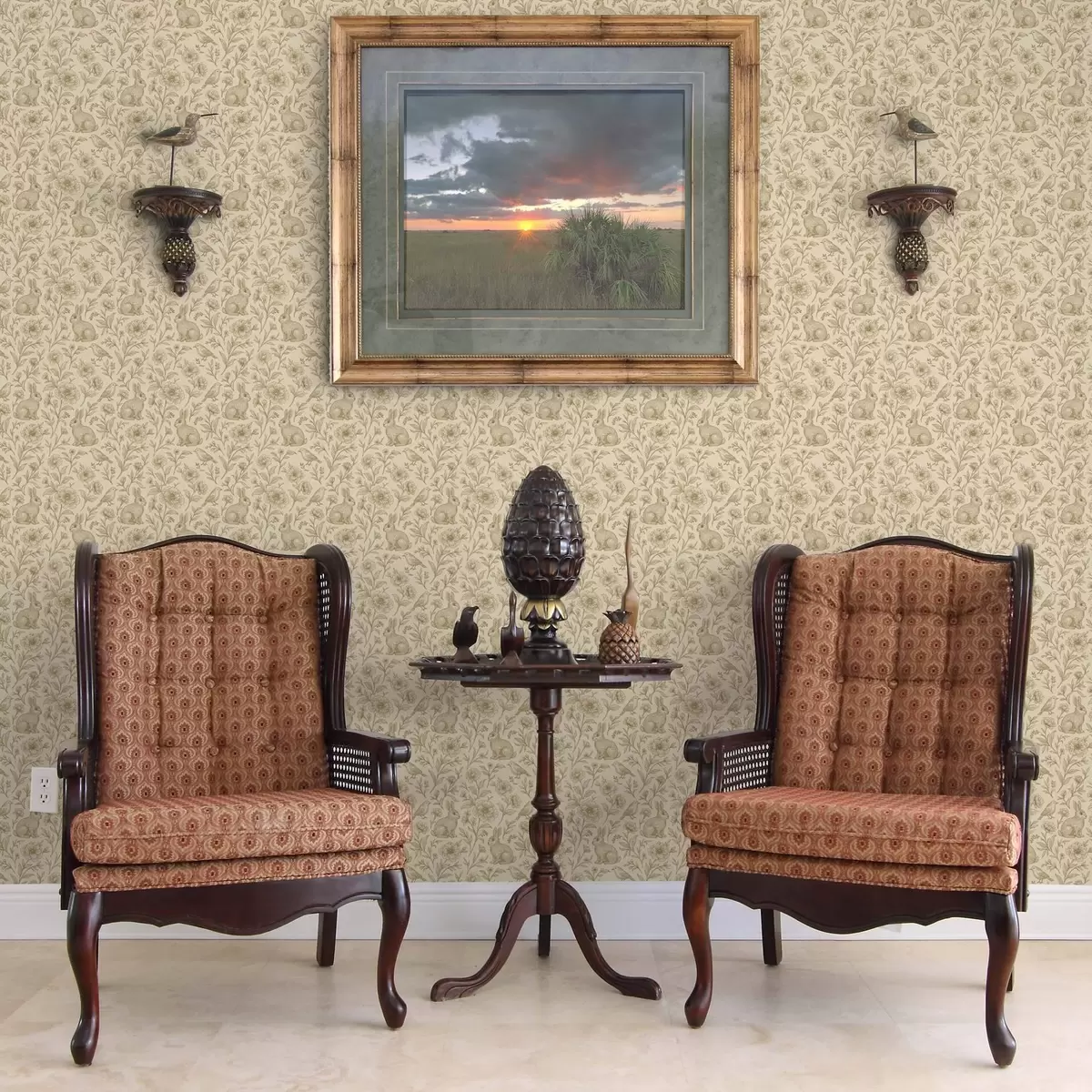 Шпалери Кролики і птахи в квітковому візерунку a00571