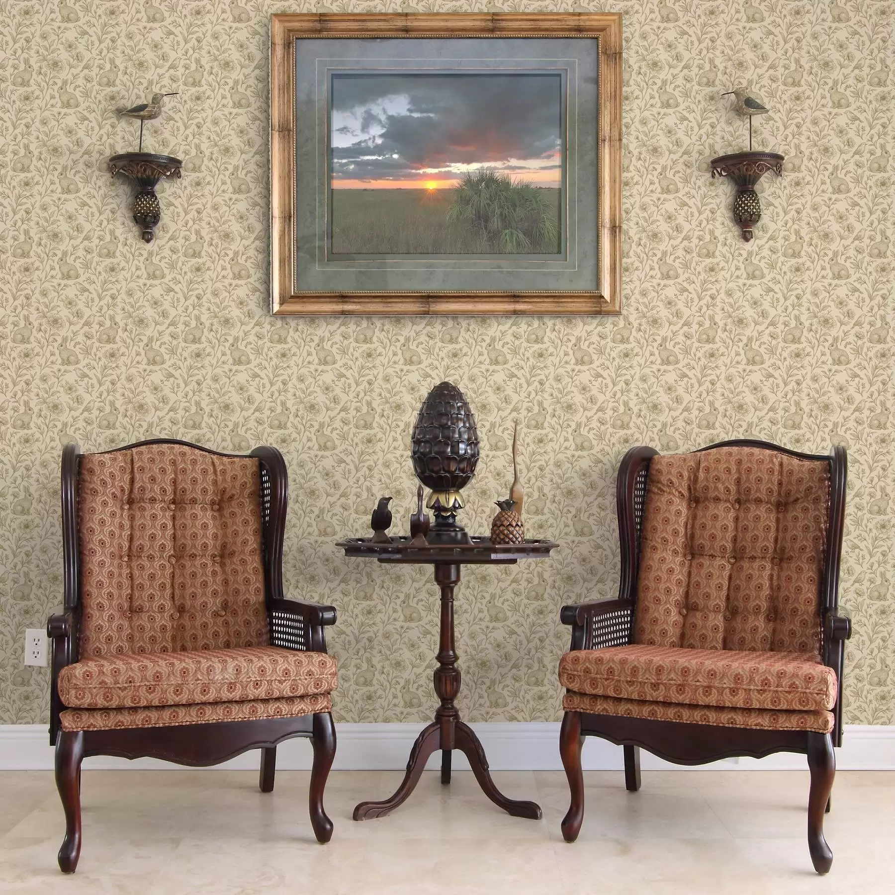 Шпалери Кролики і птахи в квітковому візерунку a00571