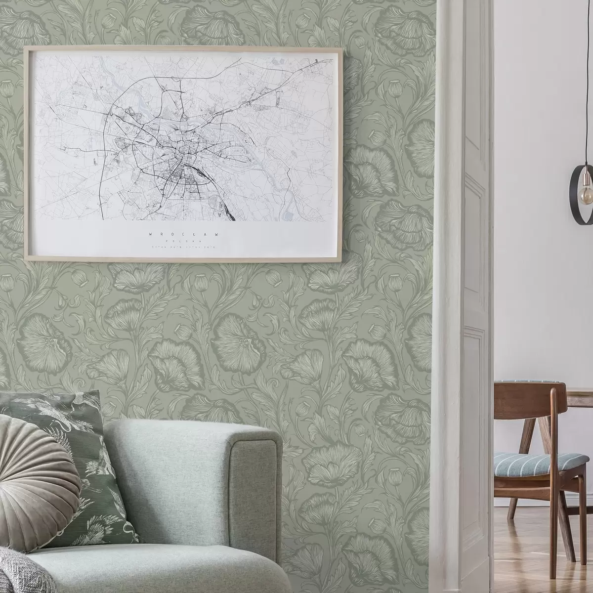 Шпалери Лінійні маки на сіро-зеленому тлі a00572v1