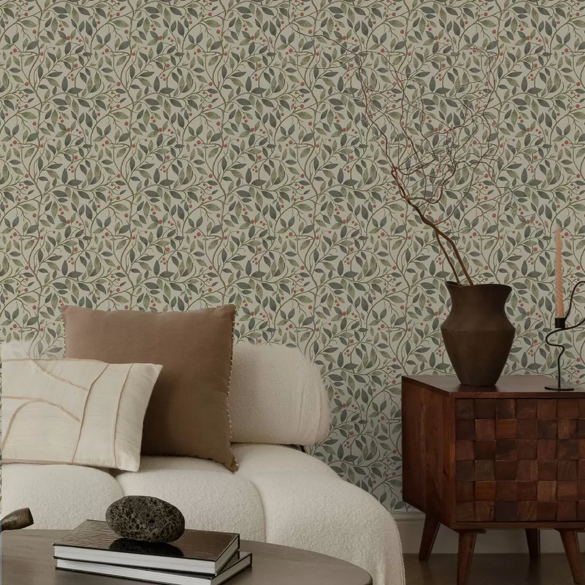 Шпалери Оливкові гілки з ягодами на теплому світлому тлі a00573