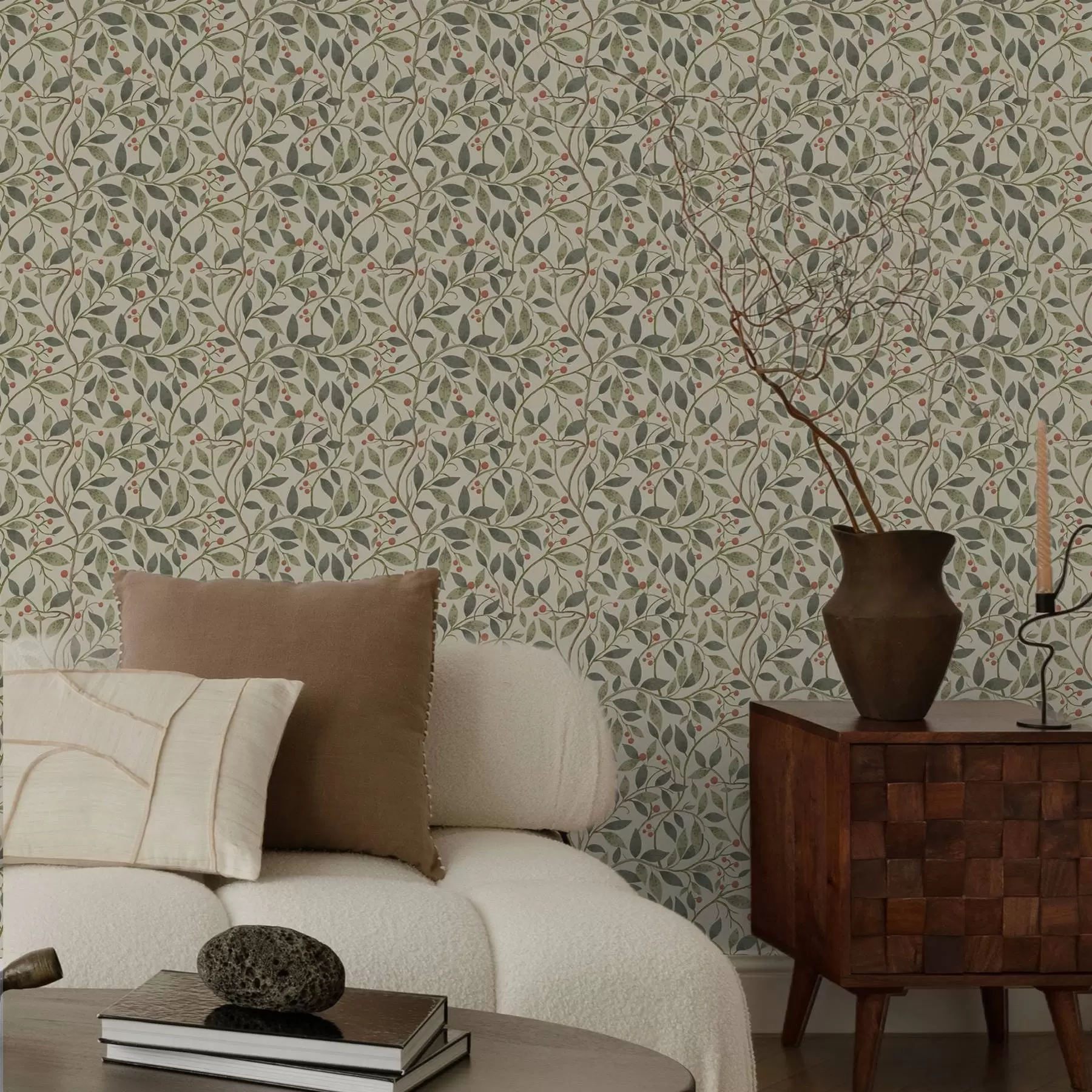 Шпалери Оливкові гілки з ягодами на теплому світлому тлі a00573