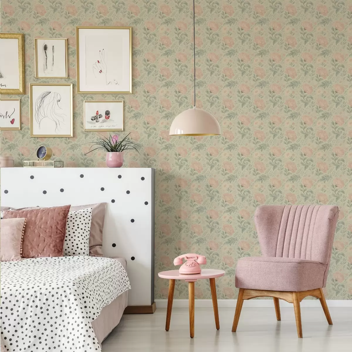 Шпалери Вінтажні великі персикові квіти з листям шавлії a00580