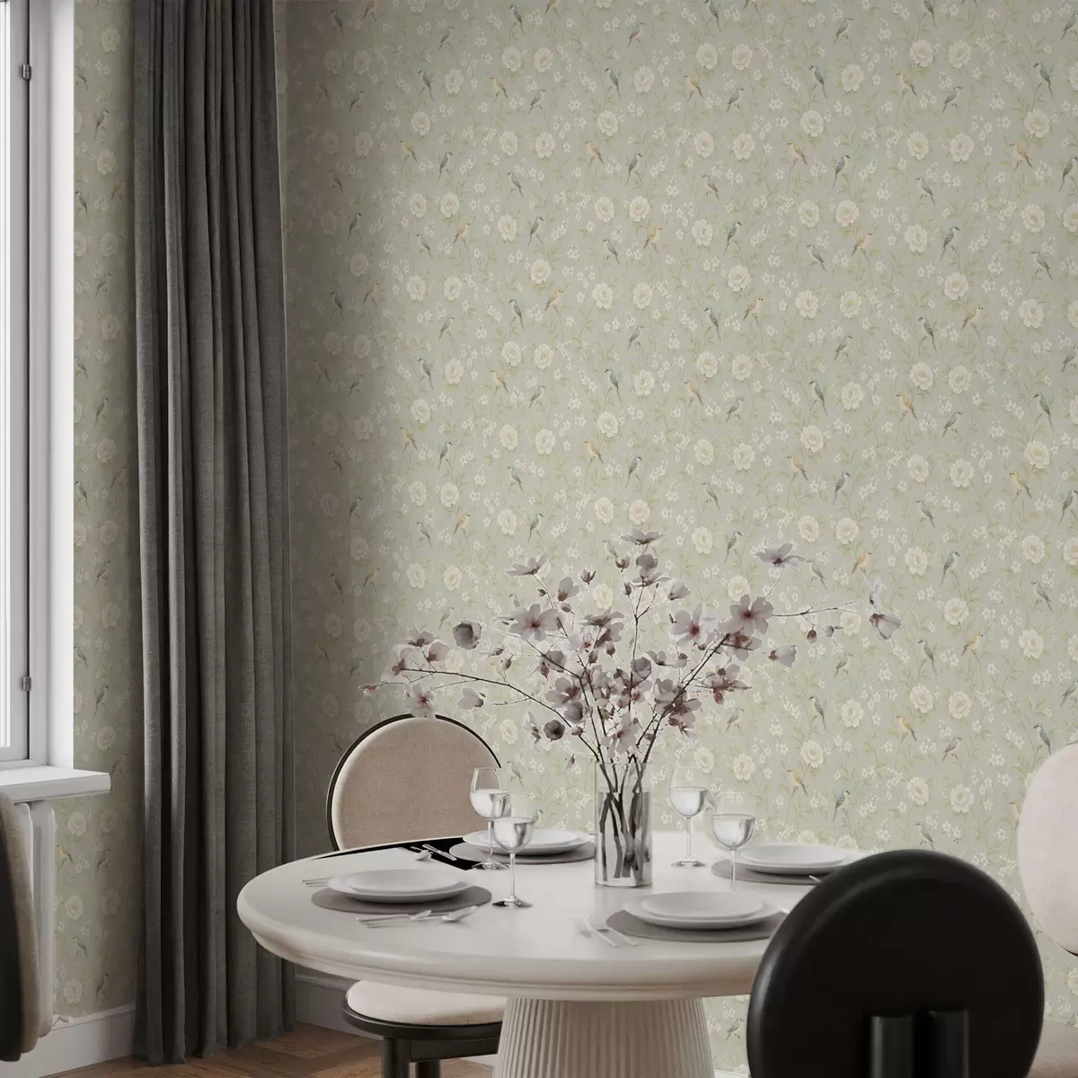 Шпалери Птахи серед білих квітів на сіро-зеленому тлі a00583