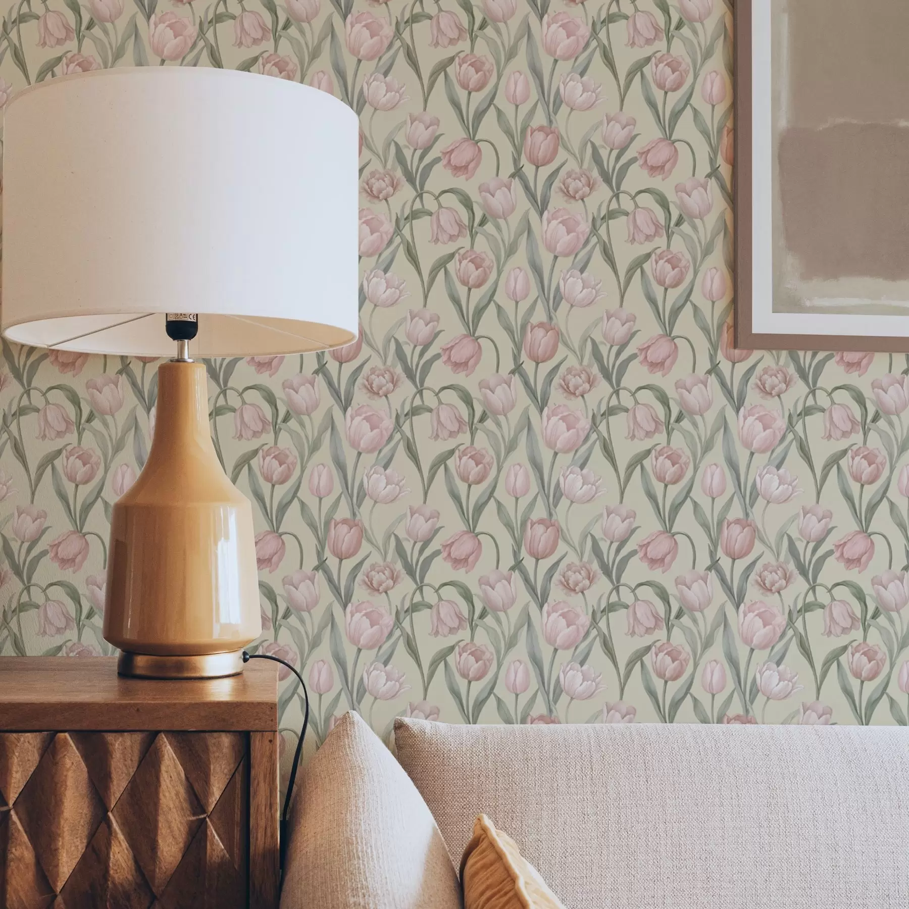 Шпалери Ніжно-рожеві тюльпани на ніжній бежевій основі a00589