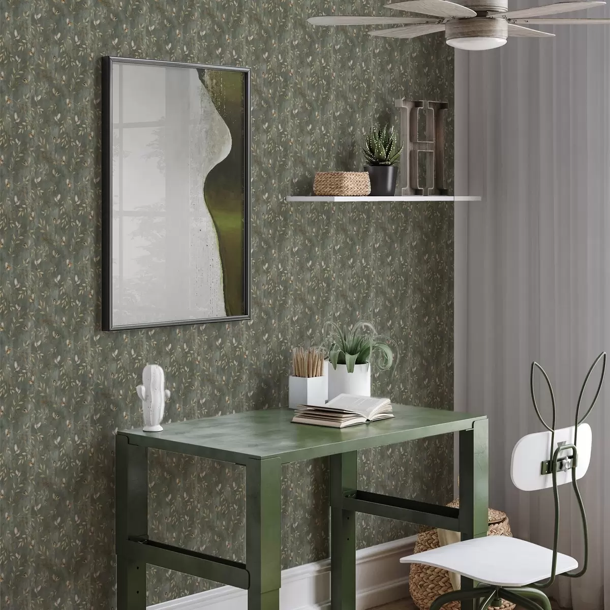 Шпалери Птахи в помаранчевому листі на темно-зеленому тлі a00591