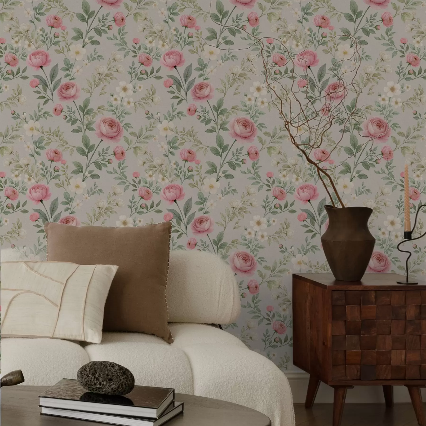 Шпалери Акварельні півонії та білі квіти на сіро-бежевому тлі a00592