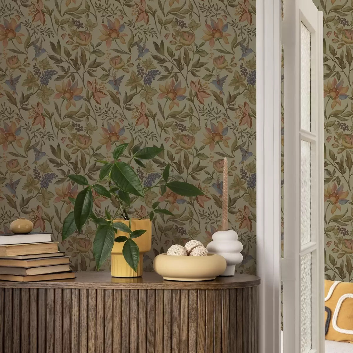 Шпалери Вінтажні квіти та птахи з виноградом на оливковому тлі a00594