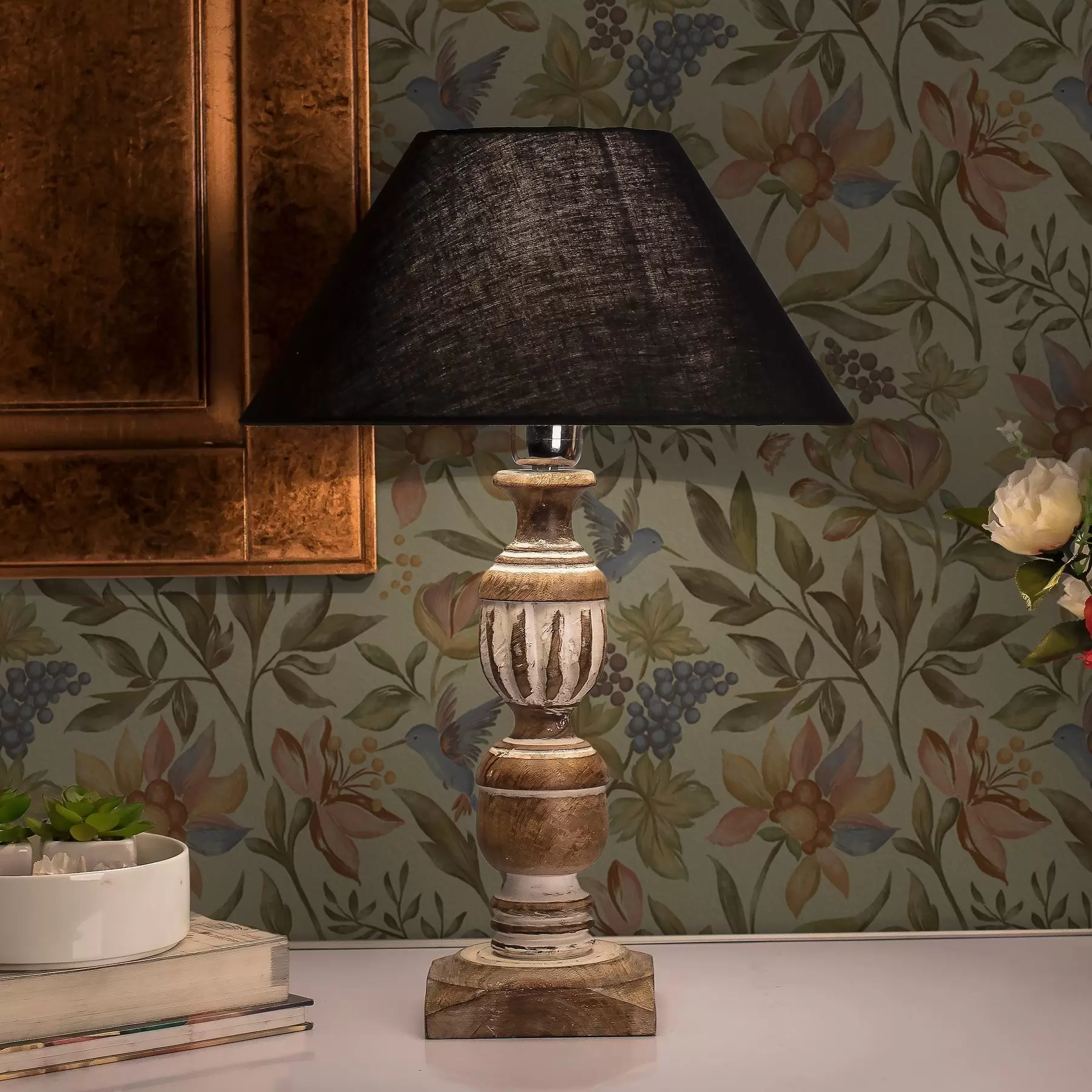 Шпалери Вінтажні квіти та птахи з виноградом на оливковому тлі a00594