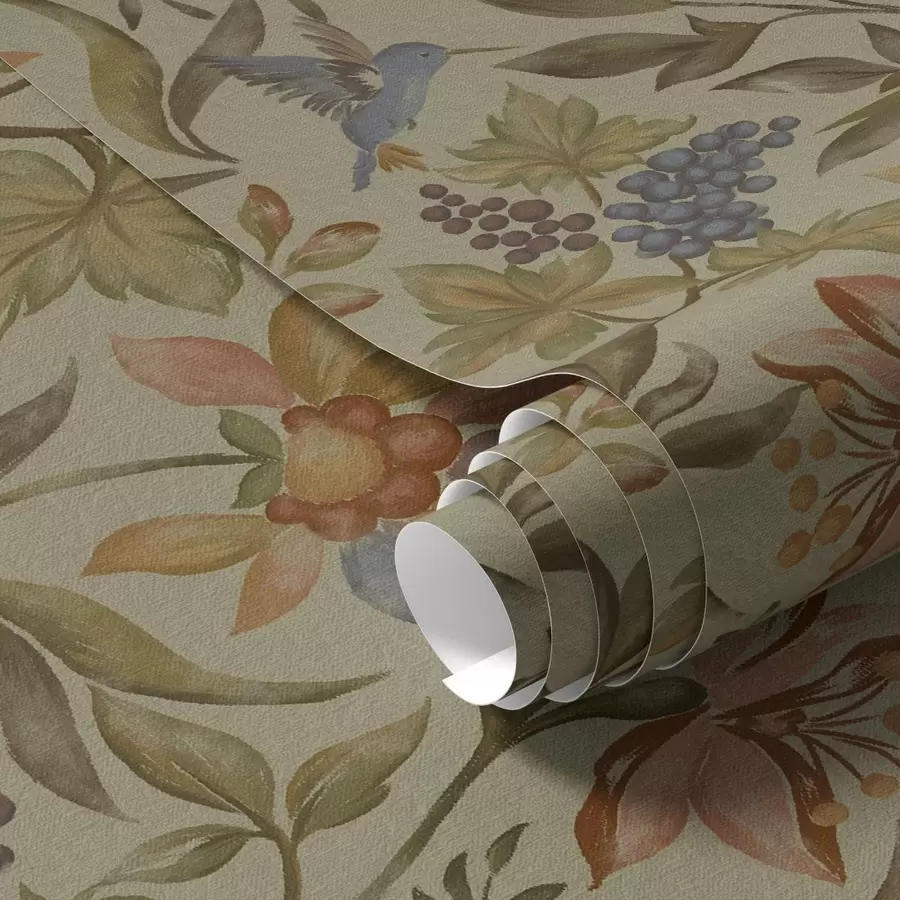Шпалери Вінтажні квіти та птахи з виноградом на оливковому тлі a00594