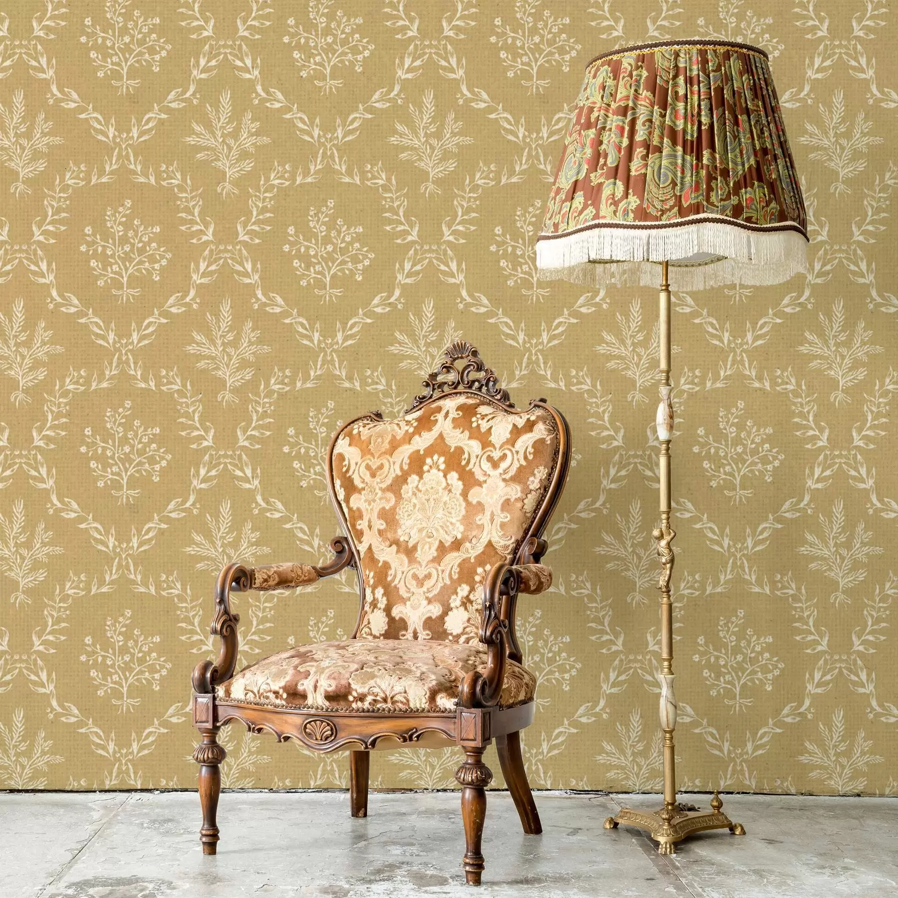 Шпалери Білі вінки з трав і квітів на гірчичному тлі a00599