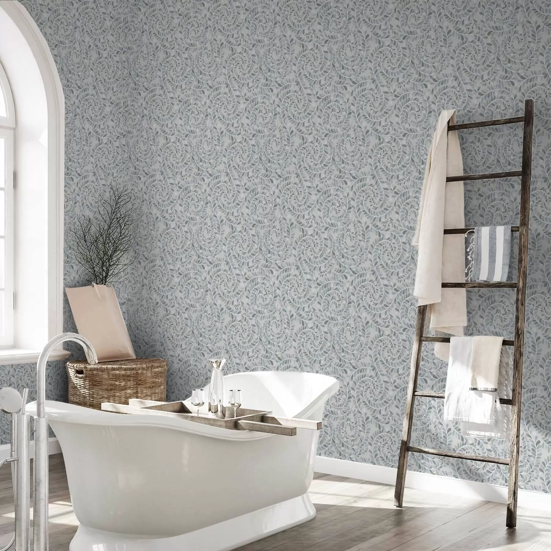 Шпалери Спіральні листя в синьо-сіро-зеленій палітрі a00602