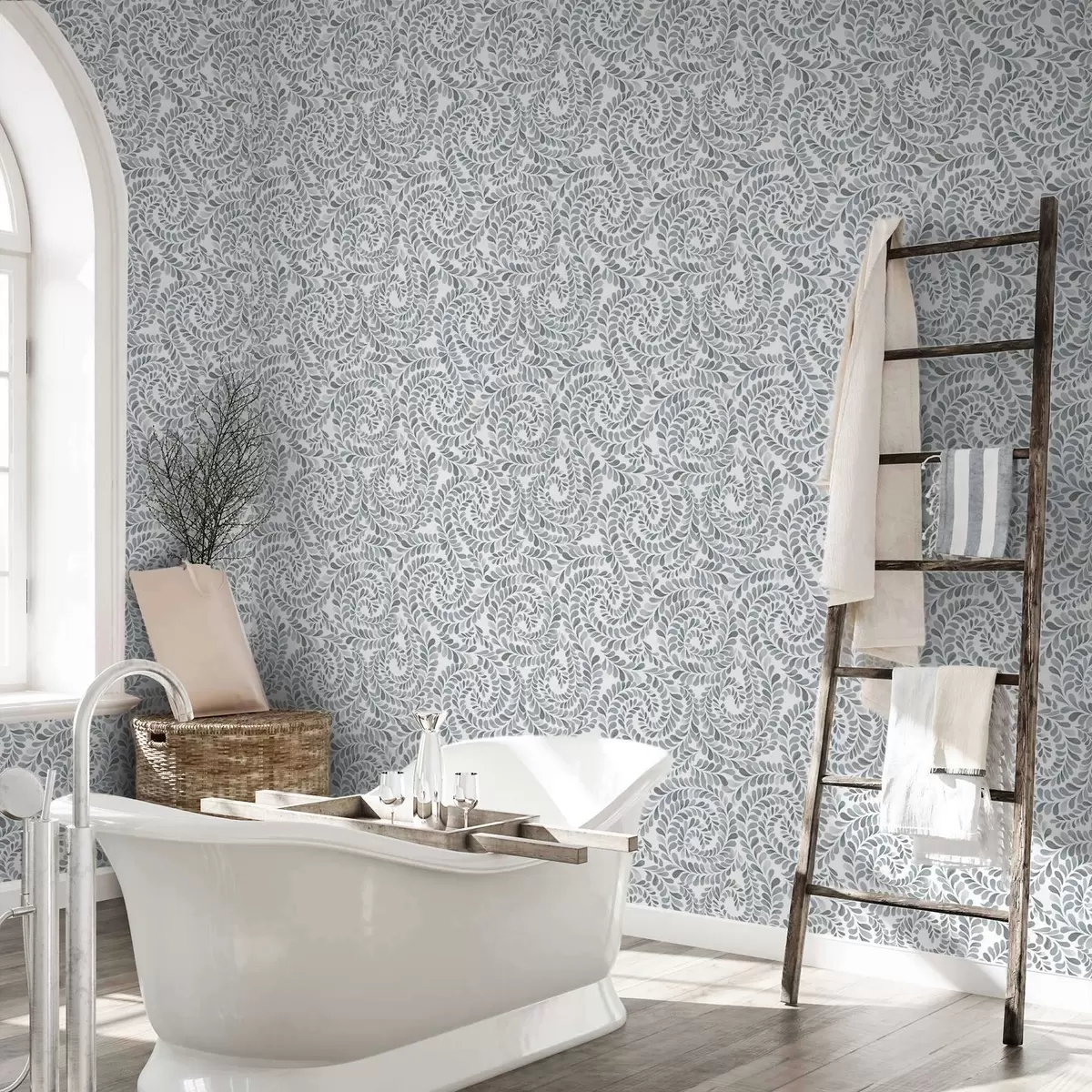 Шпалери Листяні спіралі в прохолодних сіро-блакитних тонах a00602v1