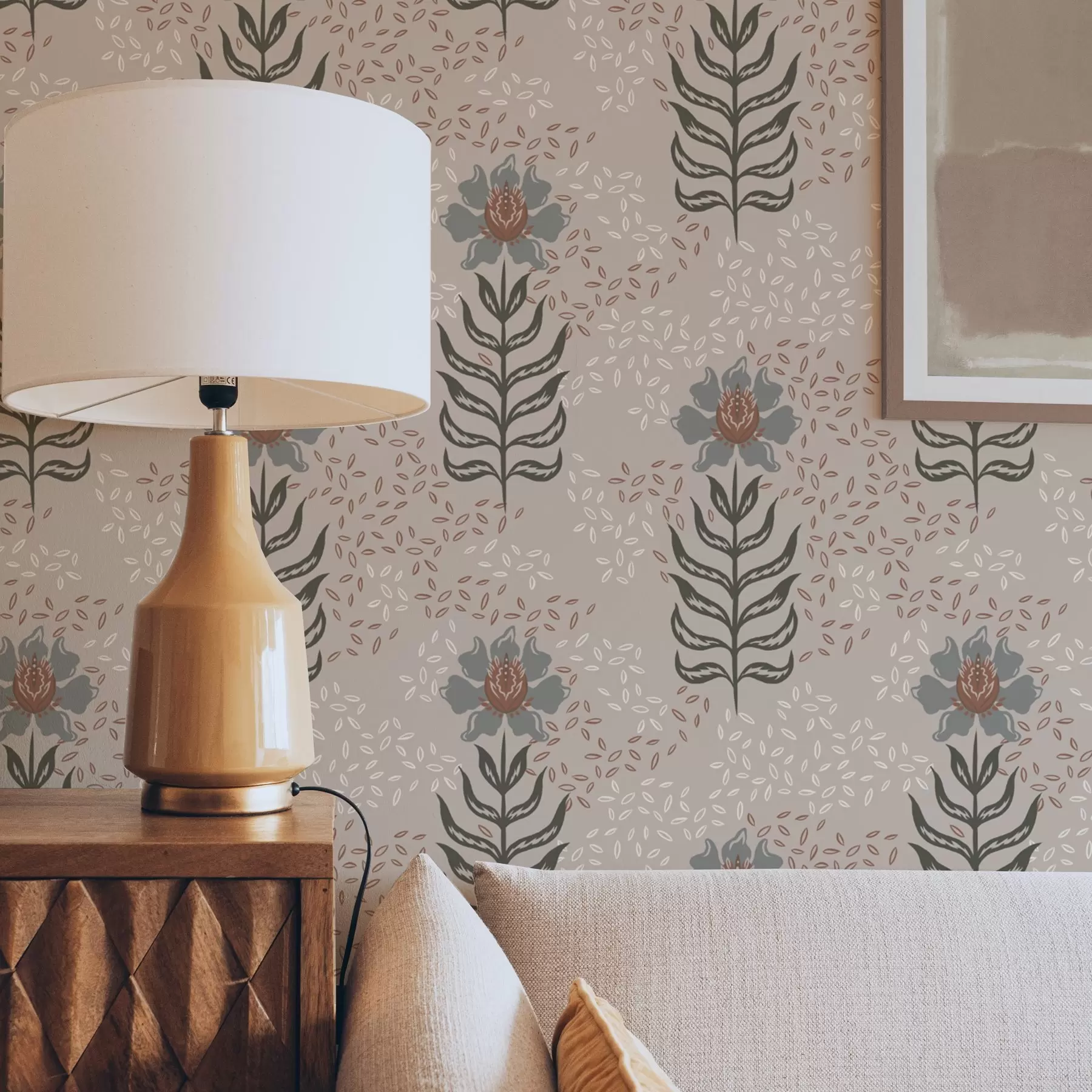 Шпалери Стилізовані квіти та насіння на теплому бежевому тлі a00604