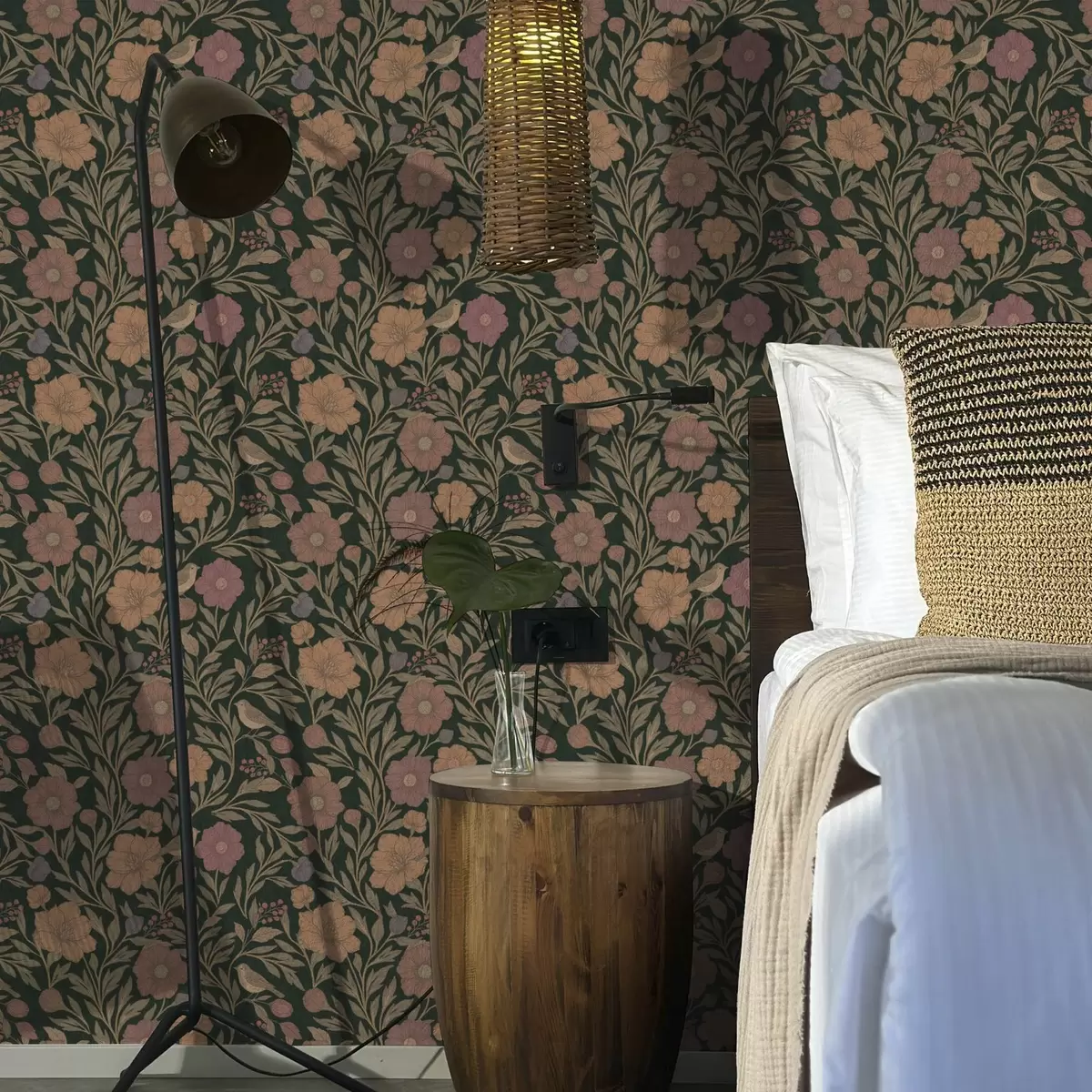 Шпалери Осінні квіти та птахи на глибокому смарагдовому тлі a00605v1