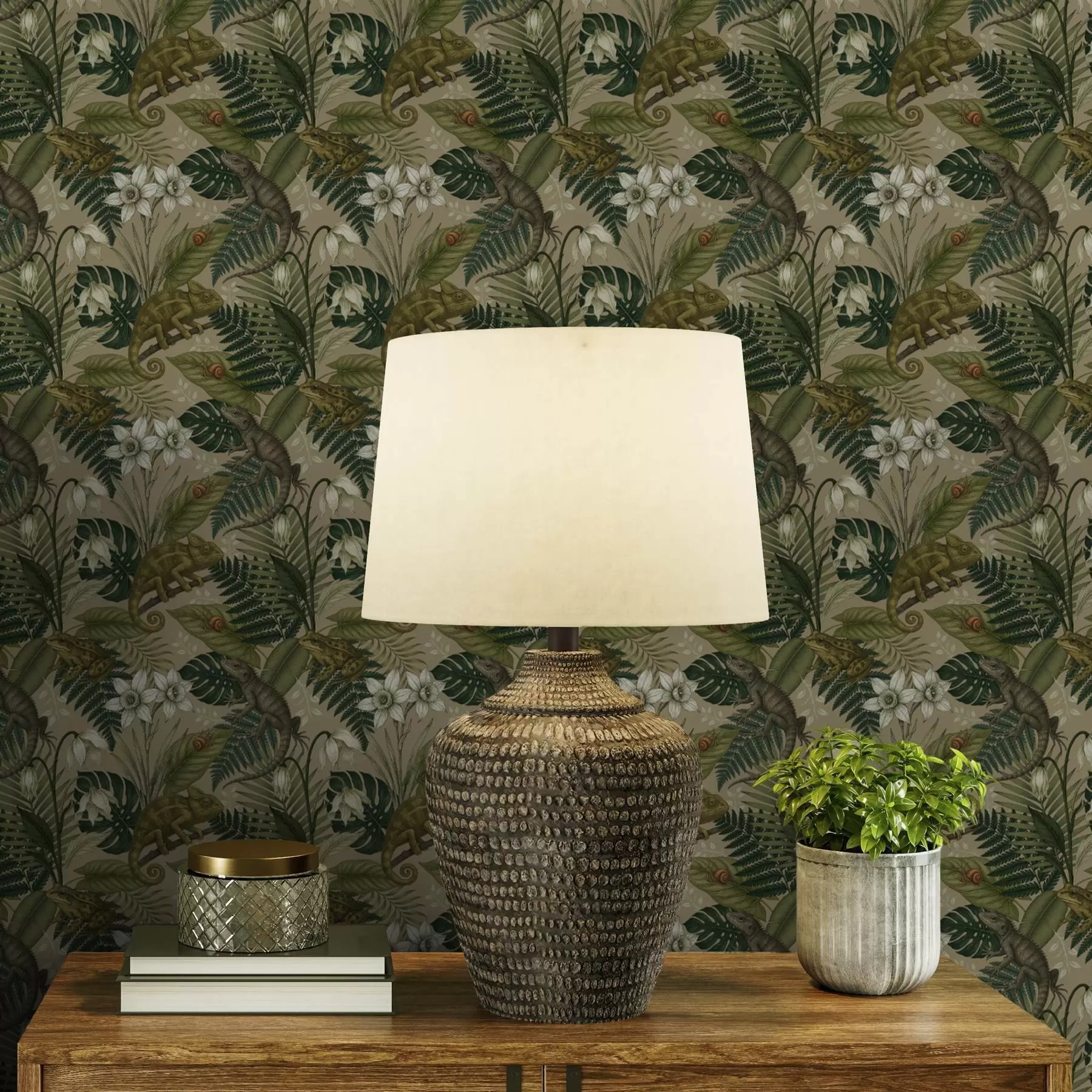 Шпалери Хамелеони і тропічні листя, білі квіти, бежевий фон a00608