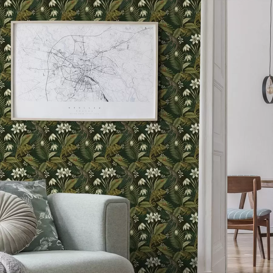 Шпалери Хамелеони і тропічне листя, білі квіти, темний фон a00608v1